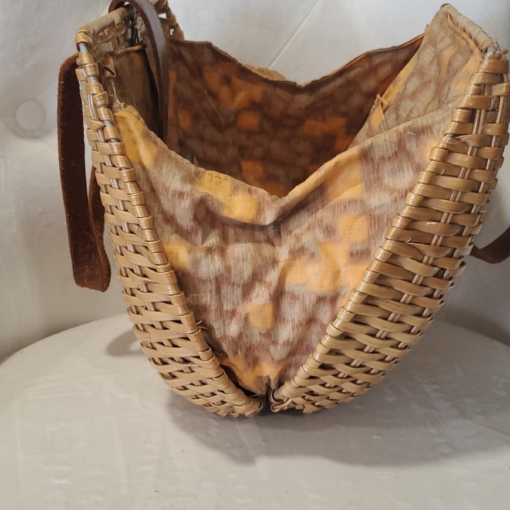 Simon Hand Made Wicker Brown Leather Top Handle Woven Satchel Bag - Picture 12 of 15